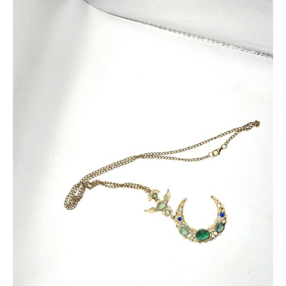 Pendant Necklace Golden Filigree Big Crescent Moon Green Blue Rhinestones - Picture 2 of 5